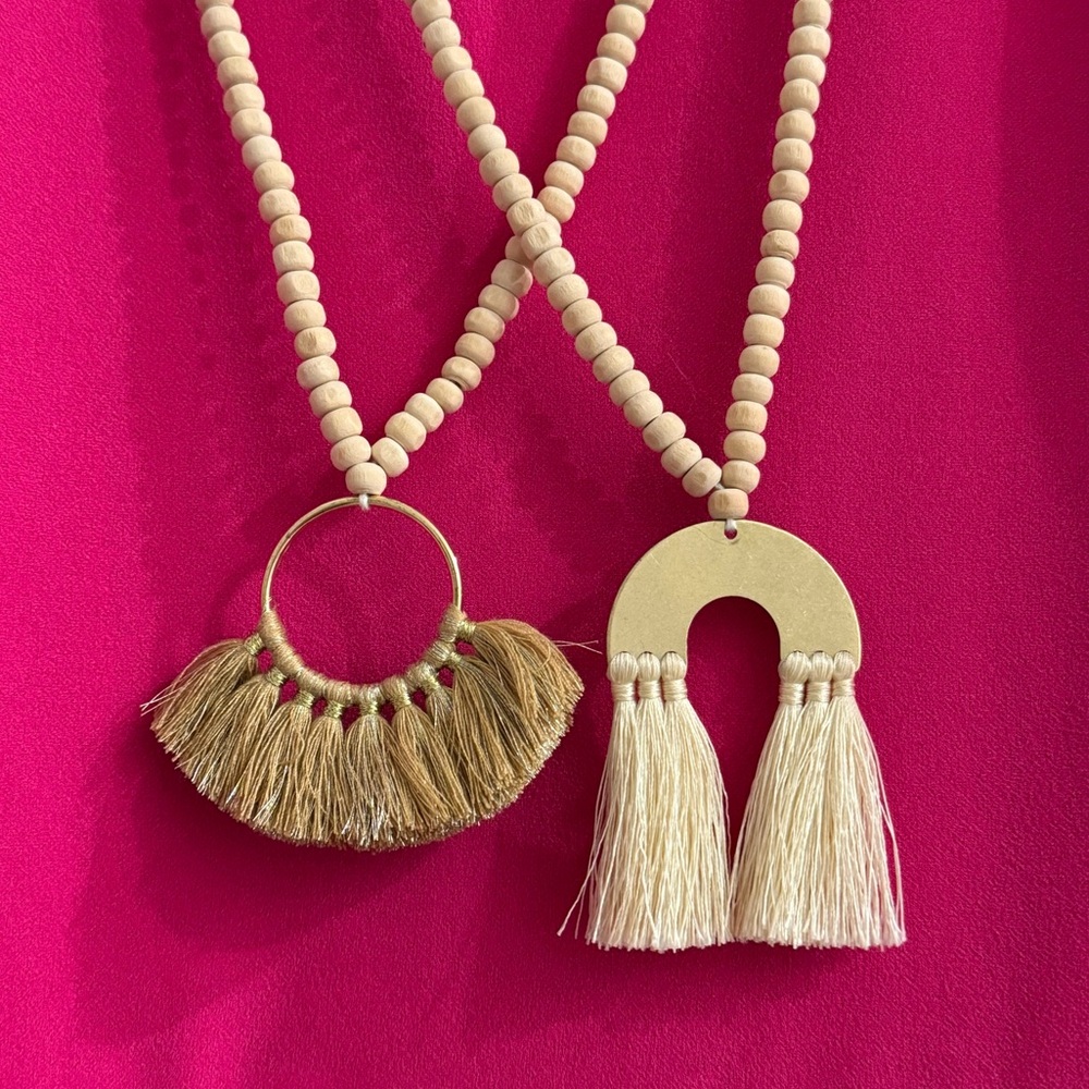 Boho Hand-Carved Wood Beaded Gold Necklaces with Tassels, Set of 2